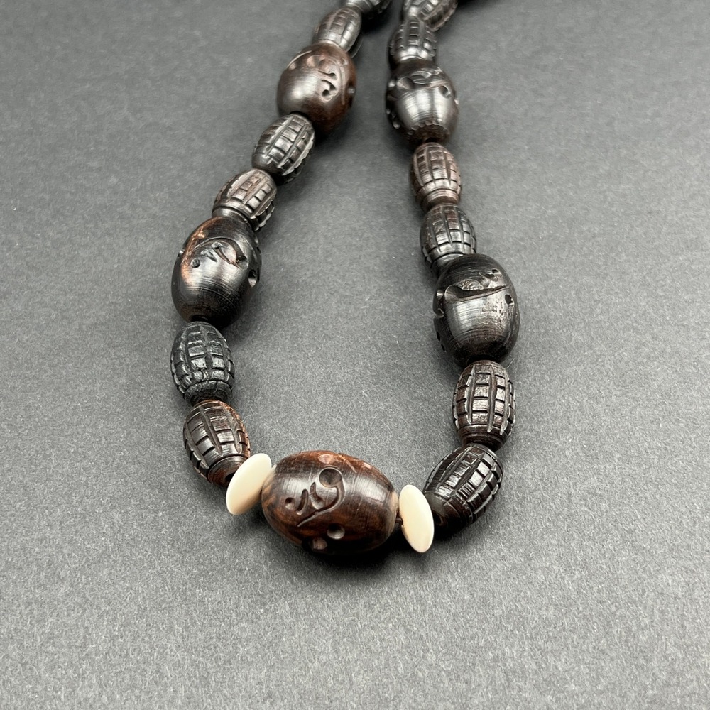 Vintage Beaded Necklace Hand Carved Wood Brown Tribal Boho 17" - Picture 4 of 9